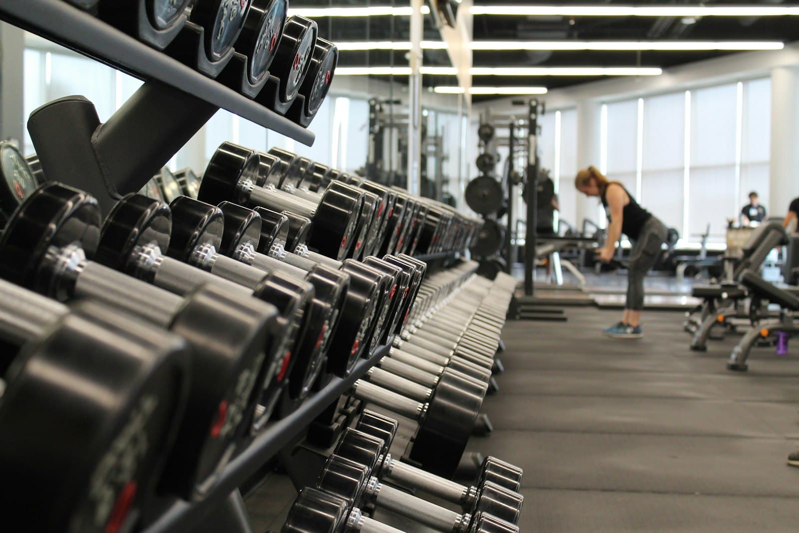 Dumbbells lined up on a rack in a gym
